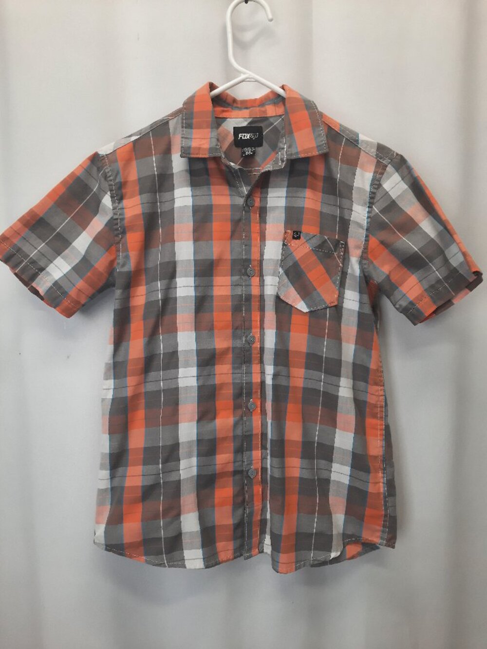 Fox Racing Plaid Shirt Youth Boys M 10/12 Orange Grey Short Sleeve Button Up